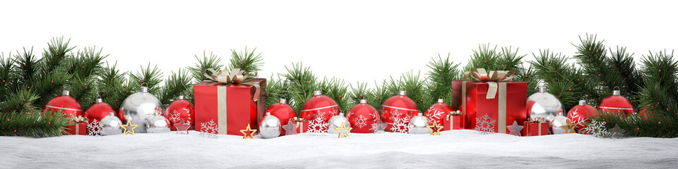 Isolated glossy christmas decoration lined up on snow. 3D rendering red shiny baubles ornaments. Gifts with bows and glossy golden stars
