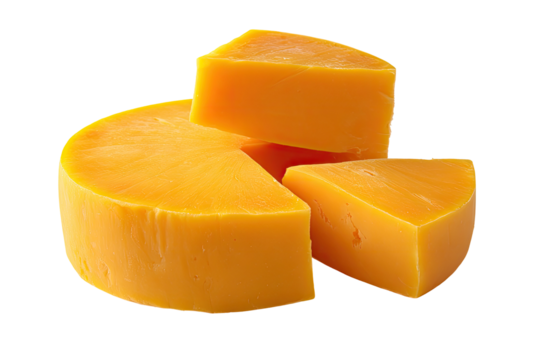 A round, vibrant orange cheese wheel with three triangular wedges removed