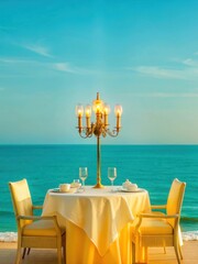 Serene oceanfront dining area with white tablecloths and elegant chandeliers