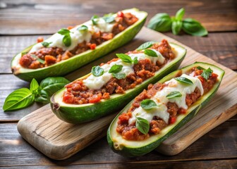 Stuffed zucchini boats with bolognese sauce filled with tender mozzarella and basil