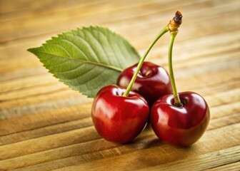 Three vibrant red cherries with a green leaf on a white background