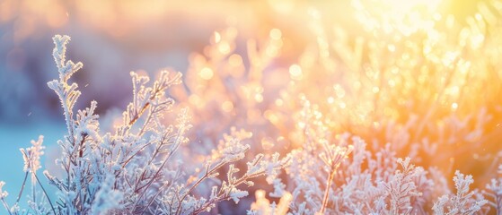 Frozen plants in nature on the ground covered with ice and snow winter season outdoors landscape serene.
