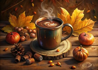 Cozy hot chocolate in a rustic wooden mug on a fall-themed table with leaves and acorns
