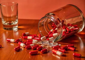 Debris of opioid pills scattered on a table with a broken glass and medical equipment nearby