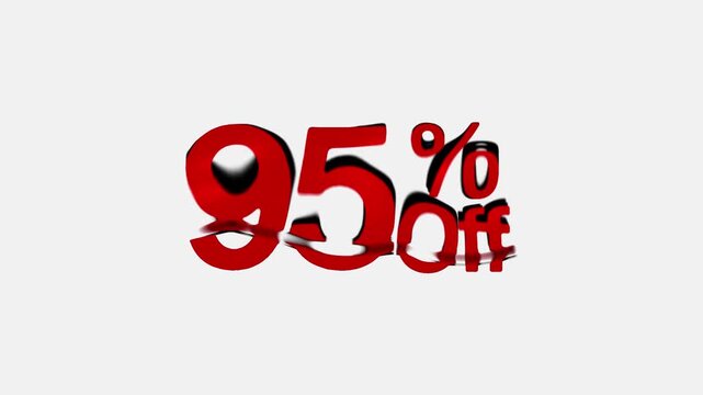 red 95% off word text seasonal discount festive sale offer sign symbol for shop Holiday Promotion on white background with transparent liquid flow effect, ninety five percent offer tag sales animation