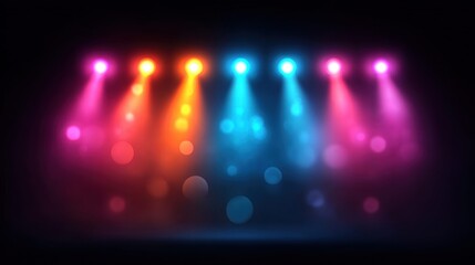 Colorful stage lights illuminate a dark background with bokeh effects.