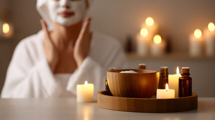 Serene Spa Moment: A woman wearing a rejuvenating facial mask in a spa, with candles, oil bottles, and a wooden bowl, evoking a sense of tranquility and self-care.