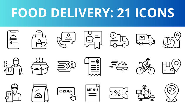 Food delivery icons representing order, service, and logistics concept