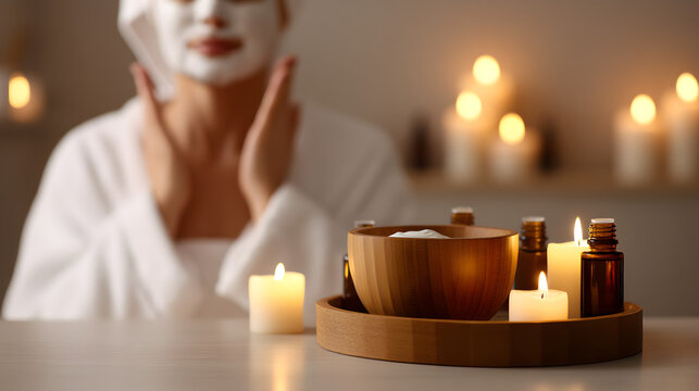 Serene Spa Moment: A woman wearing a rejuvenating facial mask in a spa, with candles, oil bottles, and a wooden bowl, evoking a sense of tranquility and self-care.