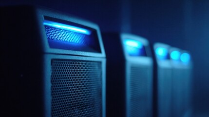 Server racks with blue lights in a dark room.