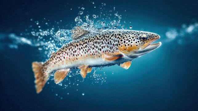 A brown trout leaping through the water with droplets splashing around it.