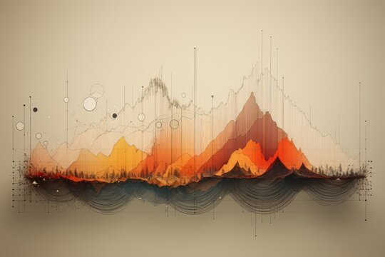 Abstract data forming a vibrant mountain range with connecting lines and circles - Powered by Adobe