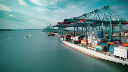 Cargo Ship Docked at Port With Shipping Containers and Cranes, Logistics and Transportation