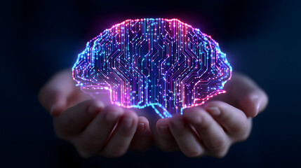 Illuminated Brain in Hand: A digitally rendered representation of a glowing brain, intricately designed with circuit patterns, is held delicately in cupped hands.