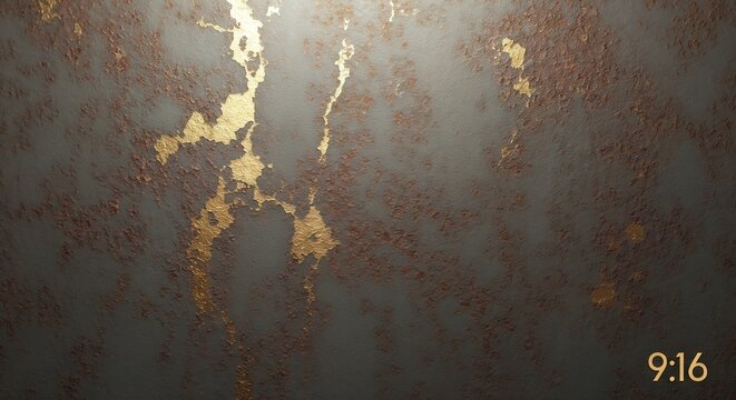 Dark textured wall with golden flakes and reddishbrown rust illuminated from top with 916 in corner