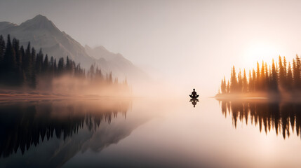 Serene Meditative Lake Scene: A person practices mindfulness in a quiet lake surrounded by mist-covered mountains, promoting tranquility and reflection.