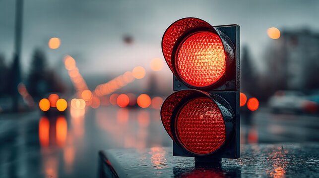 Red traffic light glows brightly against a blurred city backdrop on a rainy day.