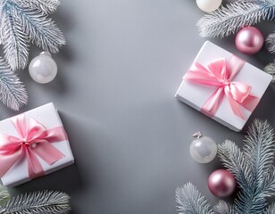 White and pink gift boxes on gray background with copy space with silver and pink glass balls and white pine branches