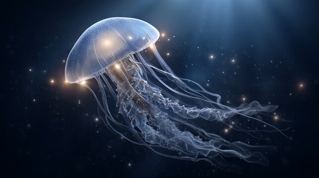Translucent jellyfish floating in deep dark ocean water with glowing ethereal bioluminescence surreal marine life background for underwater nature wallpaper and aquatic design
