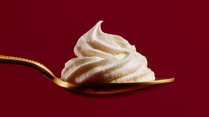 Closeup of creamy whipped topping on a gold spoon against a deep red background, highlighting elegance and indulgence.