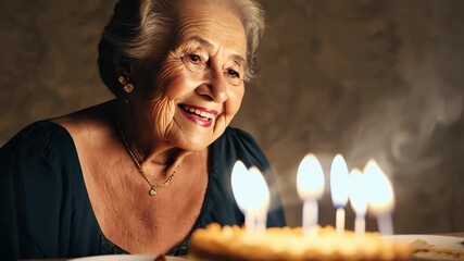 Elderly woman smiling joyfully at a birthday cake with lit candles, creating a warm and celebratory atmosphere. 4k Video footage