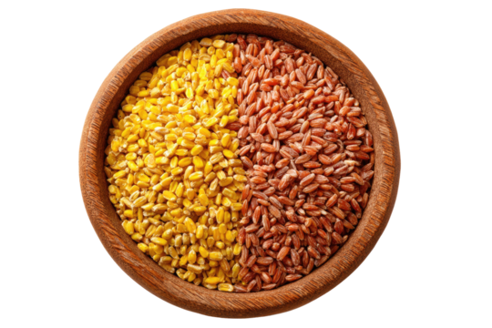 A wooden bowl neatly divides grains yellow and red. Overhead shot, black background