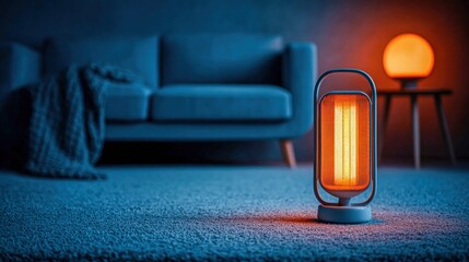 Cozy living room scene with a glowing space heater