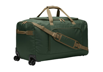 Isolated rolling duffel bag in olive green with khaki straps ready for a travel adventure