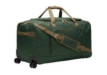 Isolated rolling duffel bag in olive green with khaki straps ready for a travel adventure