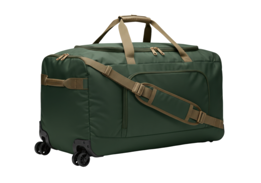 Isolated rolling duffel bag in olive green with khaki straps ready for a travel adventure