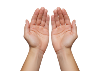 Isolated hands gesturing, praying, cupped or requesting, palm up for offering or assistance