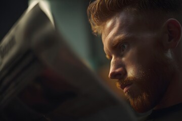 Intense ginger man reading the news in low lighting environment