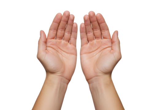Isolated hands gesturing, praying, cupped or requesting, palm up for offering or assistance