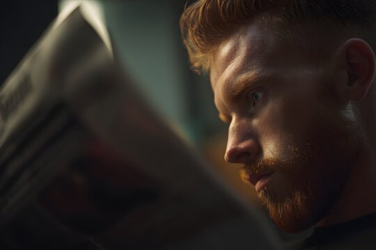 Intense ginger man reading the news in low lighting environment