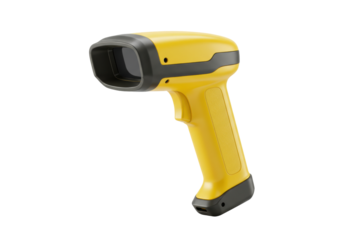 Isolated yellow handheld barcode scanner tool for reading product retail data with a gun shape