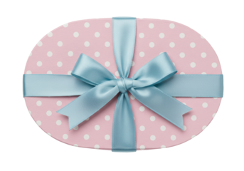 Isolated oval gift box decorated with polka dots and light blue satin ribbon and bow closure