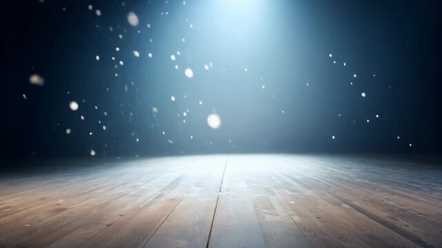 A bright spotlight illuminates an empty wooden stage in a dark theater, creating a dramatic and focused effect. 4k Video footage