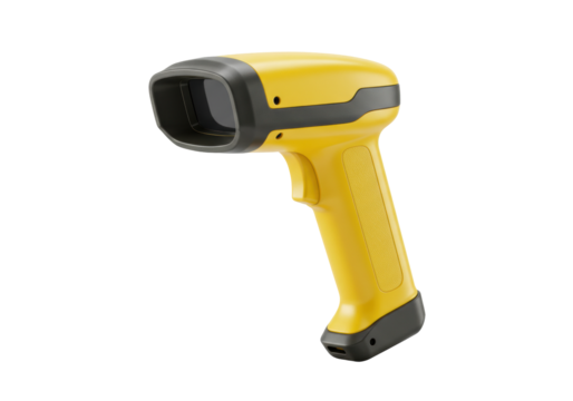 Isolated yellow handheld barcode scanner tool for reading product retail data with a gun shape