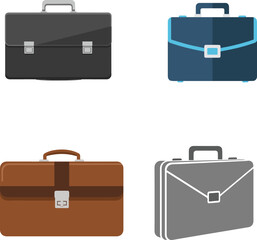 Four different colored briefcases, including black, blue, brown, and grey, displayed in a flat, cartoon-like illustration style.
