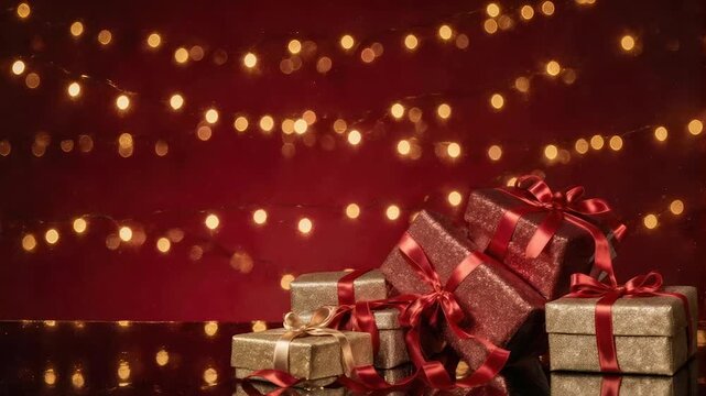 Festive image piled wrapped gifts with bows in red/gold, glowing lights in bokeh