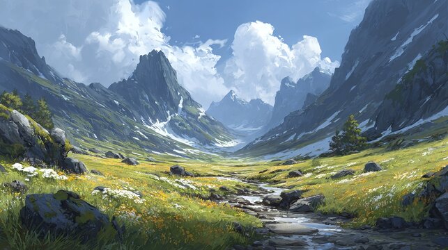 Vast mountain valley with blooming green moss and clear winding stream under soft sunlight peaceful remote wilderness nature landscape background