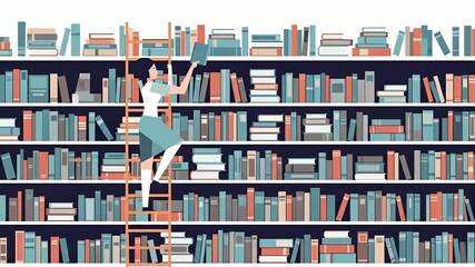 Woman on a Ladder Reaching for a Book in a Library.
