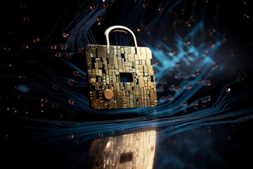 Digital padlock representing cybersecurity encryption and data protection over a circuit board background