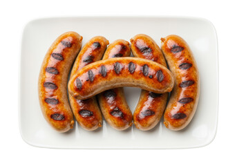 Isolated grilled sausages on a plate, close-up of appetizing German pork links, ready for eating