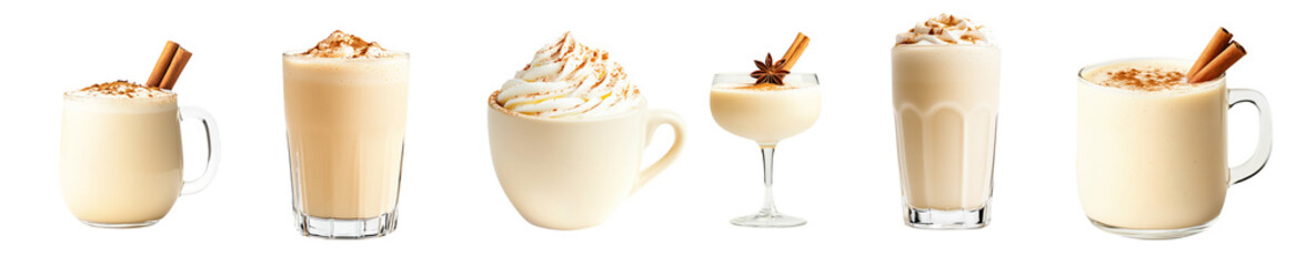 A cup filled with creamy eggnog topped with cinnamon and spice, isolated on transparent white background, concept of comfort drink