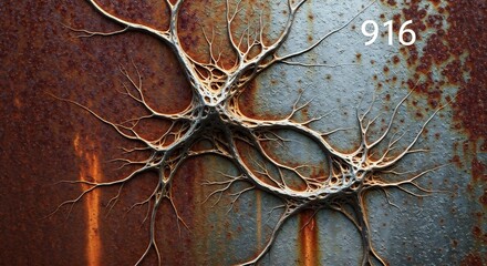 Intricate gnarled organic structure on heavily rusted and corroded metallic surfaces with 916 top right