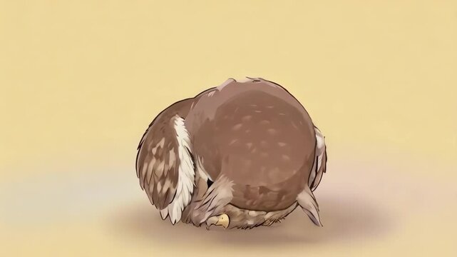 A cute, fluffy owl with big eyes sits on a light background