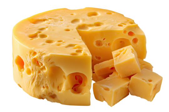 A wheel of yellow cheese with a wedge cut out and cubes nearby, isolated on black