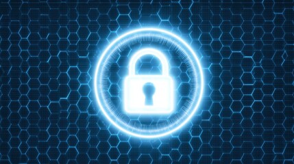 A cyber lock icon floating above a network of neon grid lines, representing strong cybersecurity and digital protection.