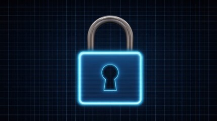 A cyber lock icon floating above a network of neon grid lines, representing strong cybersecurity and digital protection.
